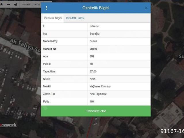 Sururi Mehmet Efendi Mahallesi, Beyoğlu içerisinde satılık Arsa