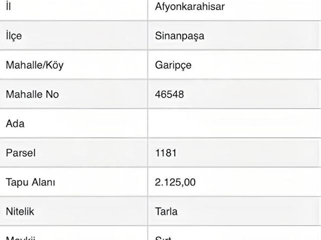 Sinanpaşa, Afyonkarahisar içerisinde satılık Arsa