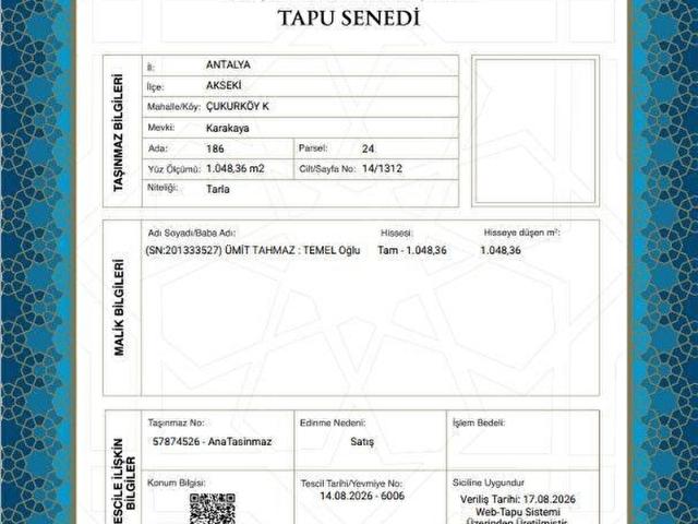 Akseki, Antalya içerisinde satılık Arsa