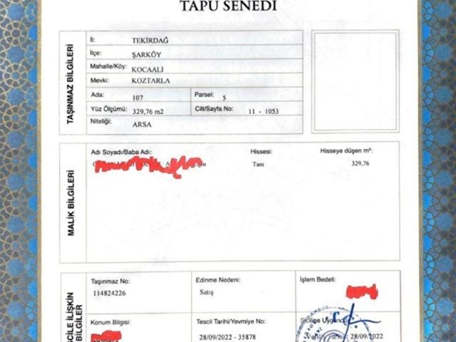 Kocaali Mahallesi, Şarköy içerisinde satılık Arsa