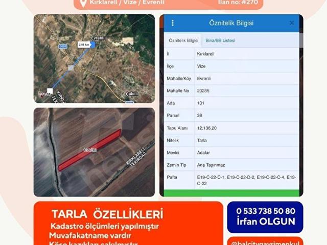 Evrenli, Vize içerisinde satılık Arsa