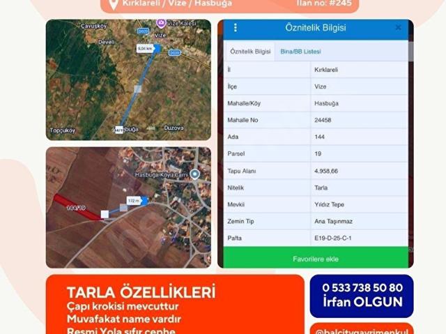 Hasbuğa, Vize içerisinde satılık Arsa