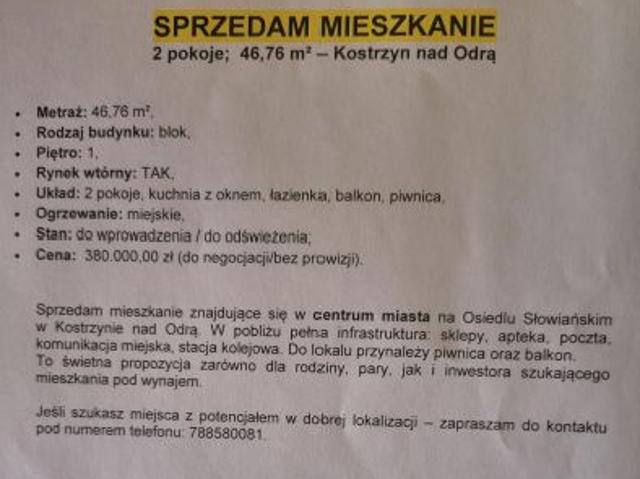 Mieszkanie na sprzedaż w Kostrzyn Nad Odrą, Lubuskie