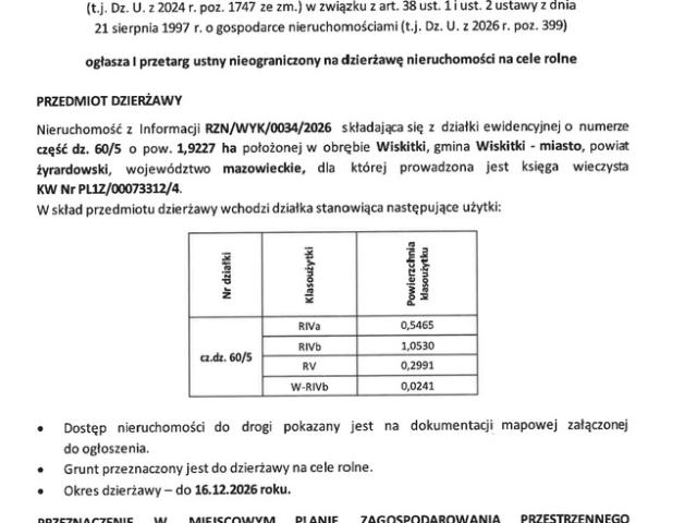 Grunt do wynajęcia w Wiskitki, Mazowieckie