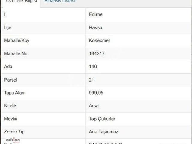 Havsa, Edirne içerisinde satılık Arsa