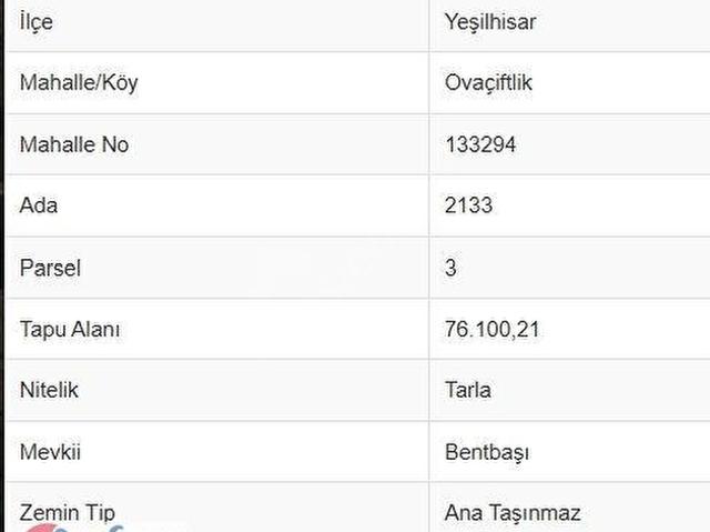 Yeşilhisar, Kayseri içerisinde satılık Arsa