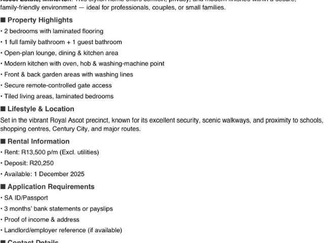 Townhouse for rent in Cape Town, Western Cape