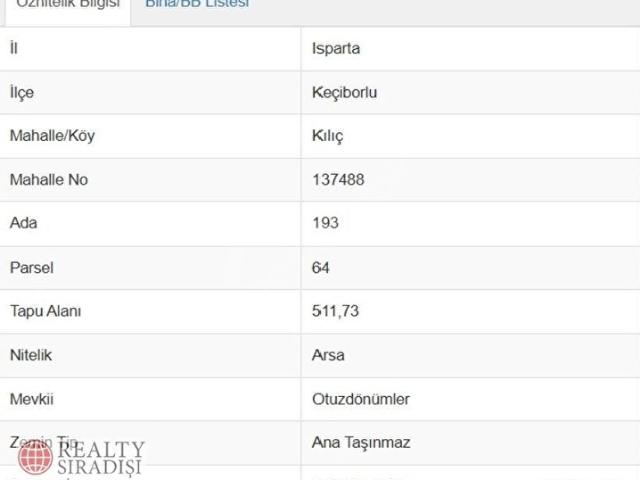 Kılıç, Keçiborlu içerisinde satılık Arsa