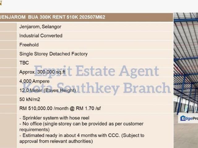 Warehouse for rent in Jenjarom, Selangor