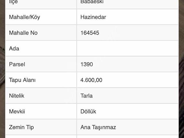 Hazinedar, Babaeski içerisinde satılık Arsa