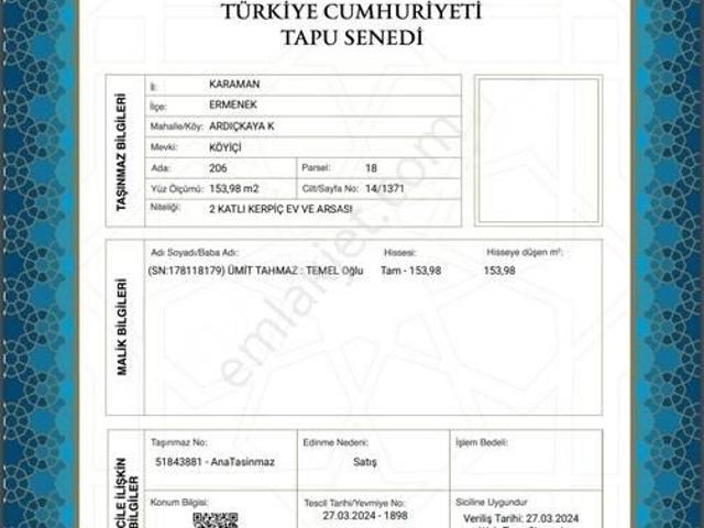Ermenek içerisinde satılık Villa