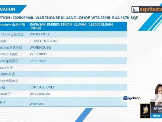 Warehouse for sale in Kluang, Johor