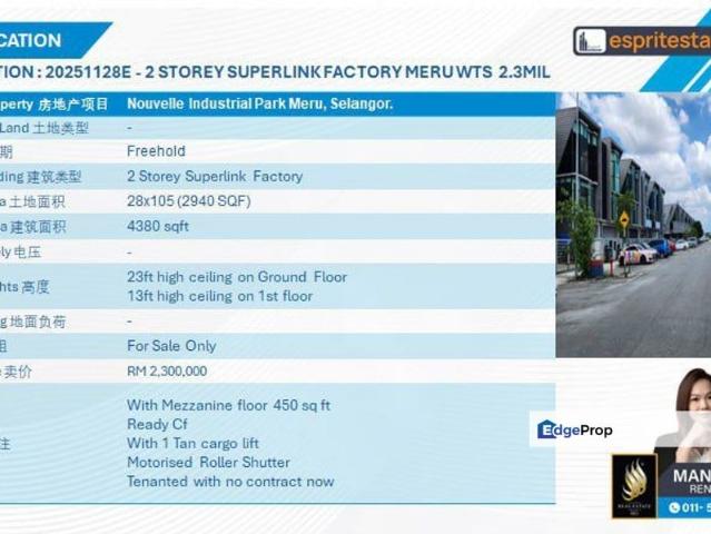 Warehouse for sale in Taman Meru Sejahtera, Bandaraya Klang