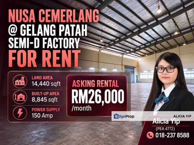 Warehouse for rent in Nusa Cemerlang Industrial Park, Iskandar Puteri
