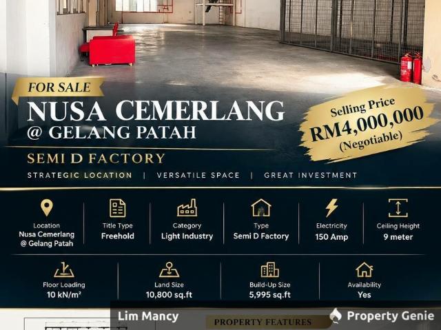 Warehouse for sale in Nusa Cemerlang Industrial Park, Iskandar Puteri