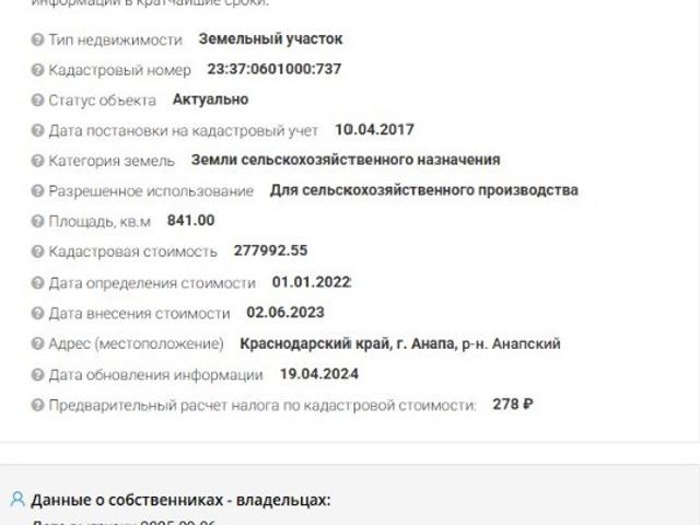 Участок продажа в Анапа, Краснодарский Край