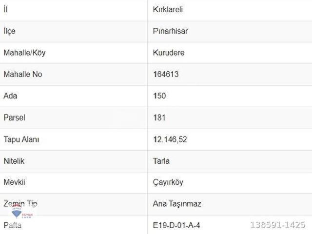 Kurudere, Pınarhisar içerisinde satılık Arsa
