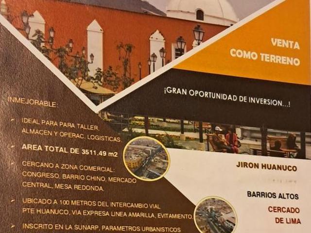 SE VENDE TERRENO DE 3511.49MTS EN CENTRO LIMA CERCADO, COMERCIAL, SUPER OCASION