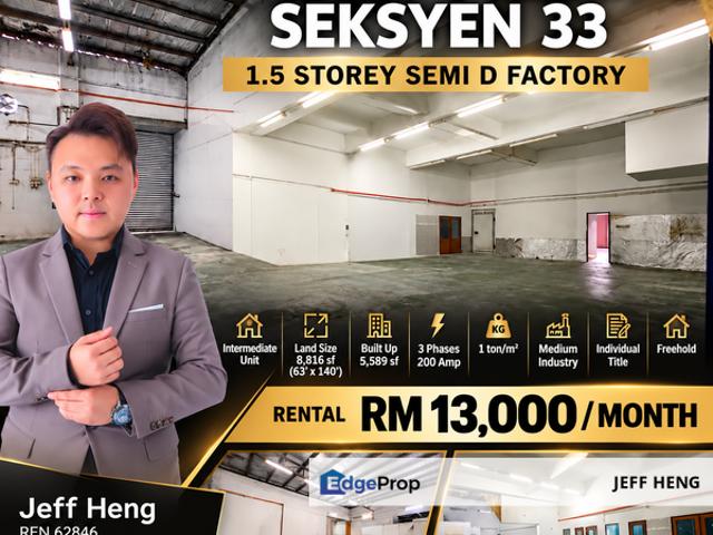 Warehouse for rent in Seksyen 33, Shah Alam