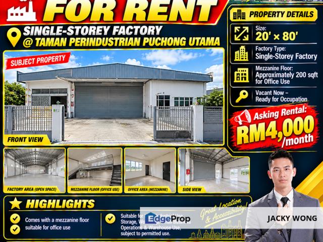 Warehouse for rent in Puchong, Majlis Bandaraya Subang Jaya