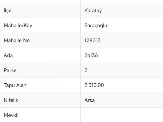 Saraçoğlu Mahallesi, Karatay içerisinde satılık Arsa