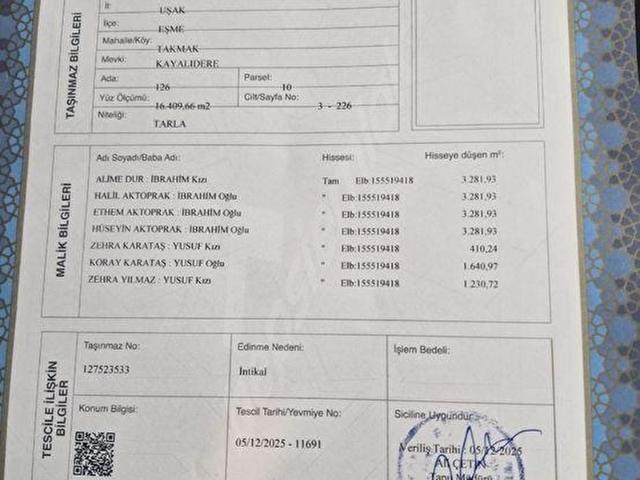 Eşme, Uşak içerisinde satılık Arsa