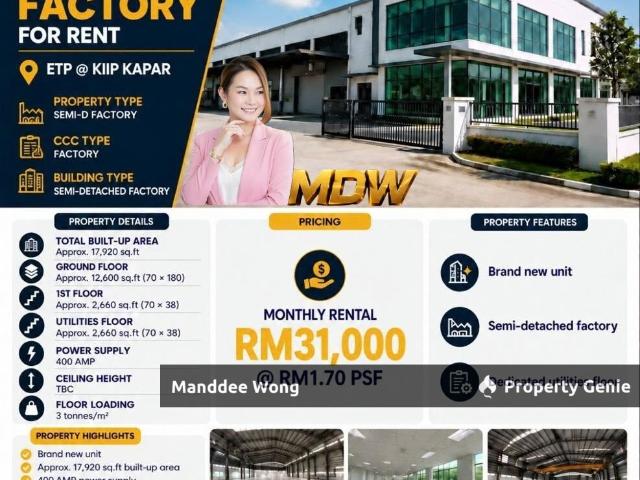Warehouse for rent in Kapar, Bandaraya Klang