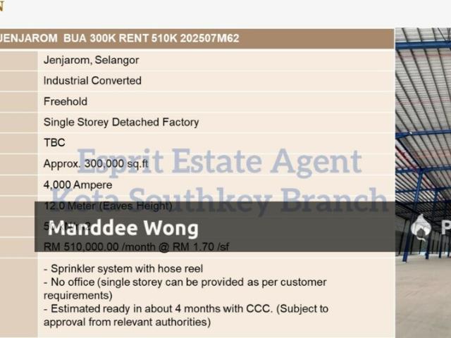 Warehouse for rent in Jenjarom, Selangor
